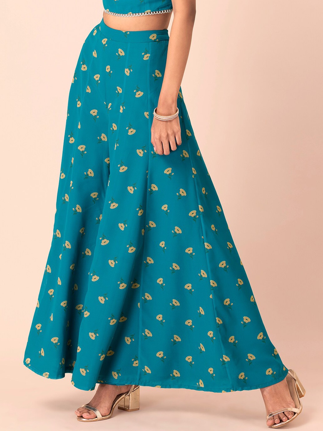 

INDYA Women Blue & Yellow Floral Printed Flared Ethnic Palazzos
