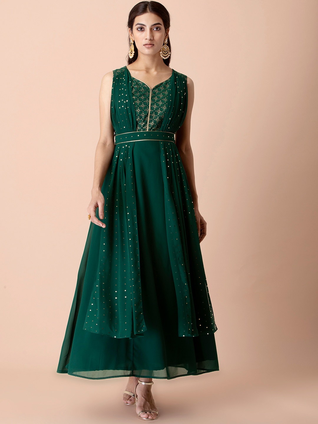 

INDYA Women Green Foil Double Dupatta Belted Kurta