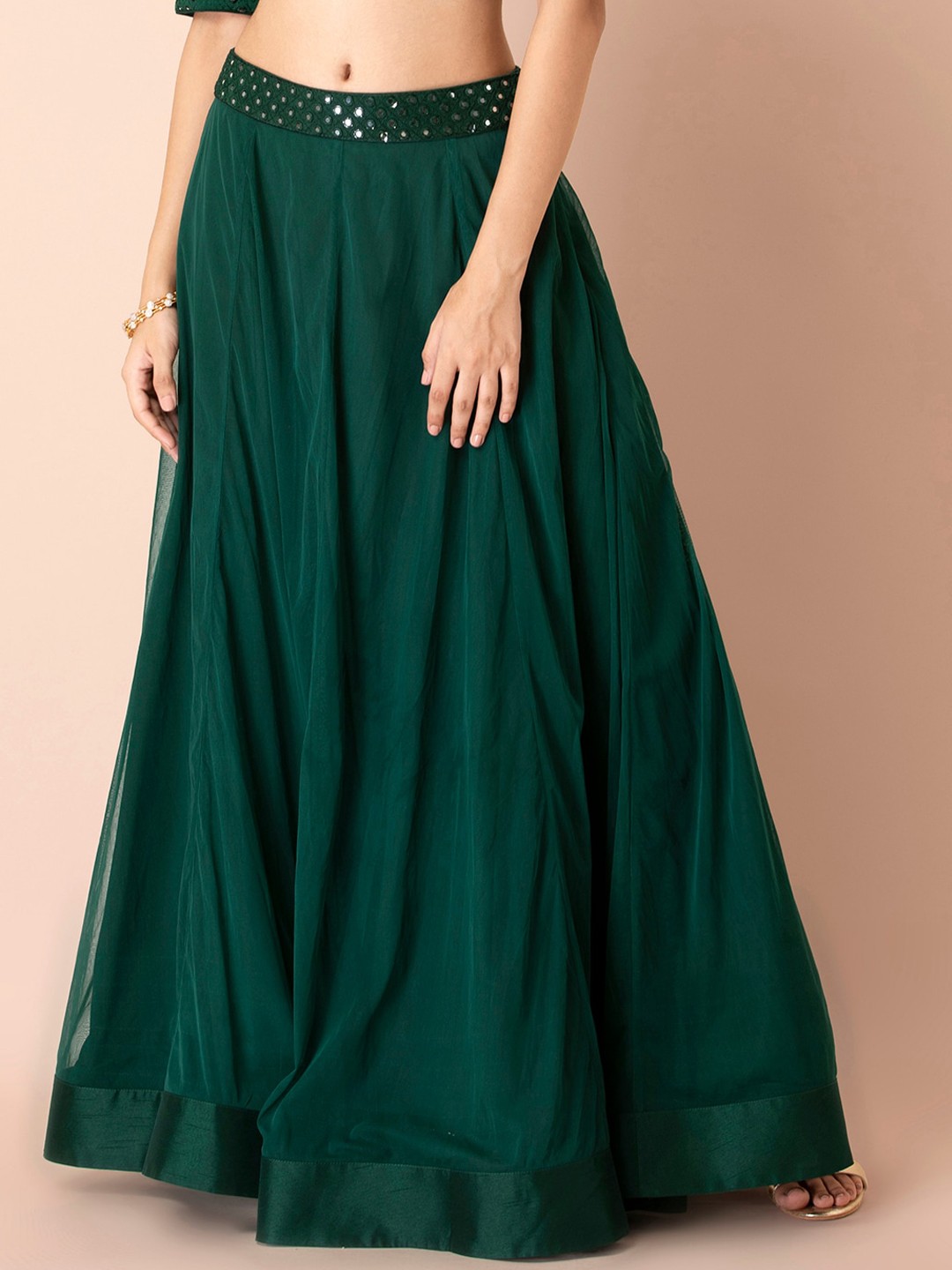 

INDYA Green Solid Mesh Silk Border Skirt