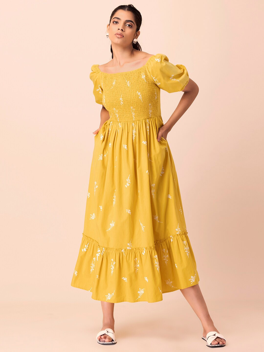 

Earthen BY INDYA Yellow Floral Floral Smocked Off-Shoulder Pure Cotton Dress