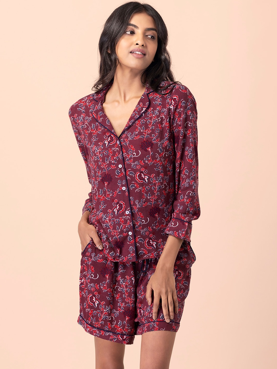 

INDYA Women Maroon Printed Night suit