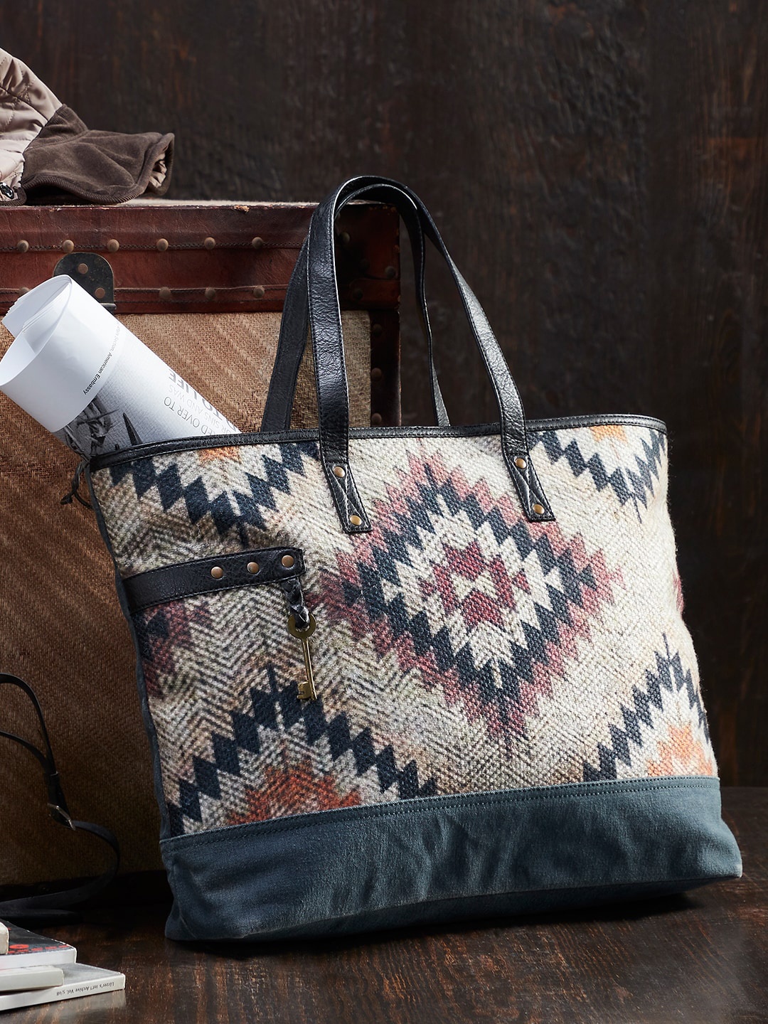 

Mona B Beige Ethnic Motifs Mendallion Printed Structured Upcycled Canvas Handheld Bag