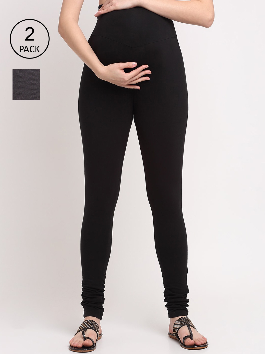 

MYLO ESSENTIALS Women Pack Of 2 Solid Churidar-Length Maternity Leggings, Black