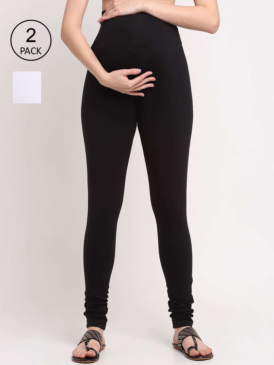 

MYLO ESSENTIALS Women Pack of 2 Solid Churidar-Length Maternity Leggings, Black