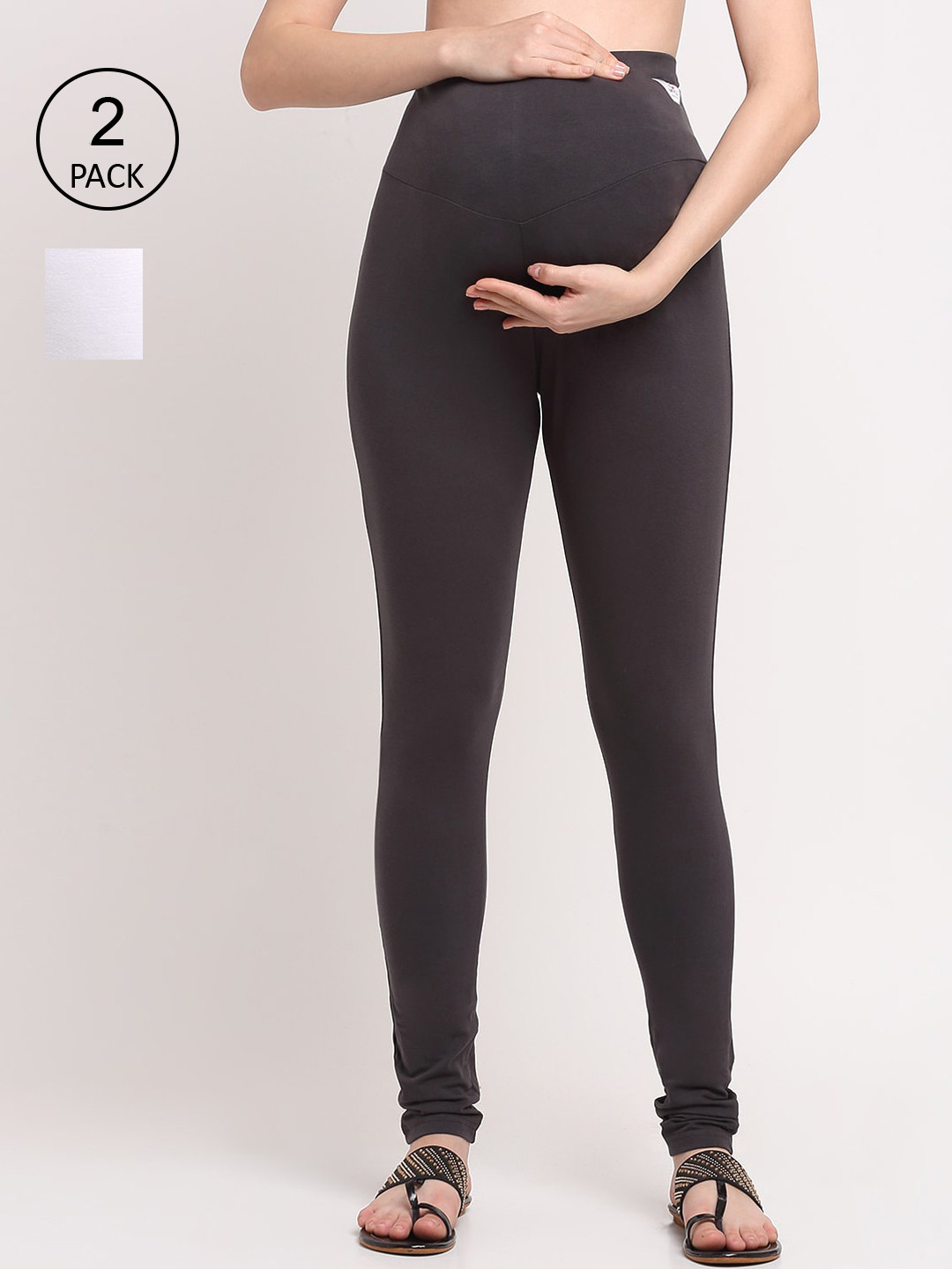 

MYLO ESSENTIALS Women Grey & White Pack Of 2 Solid Churidar-Length Maternity Leggings