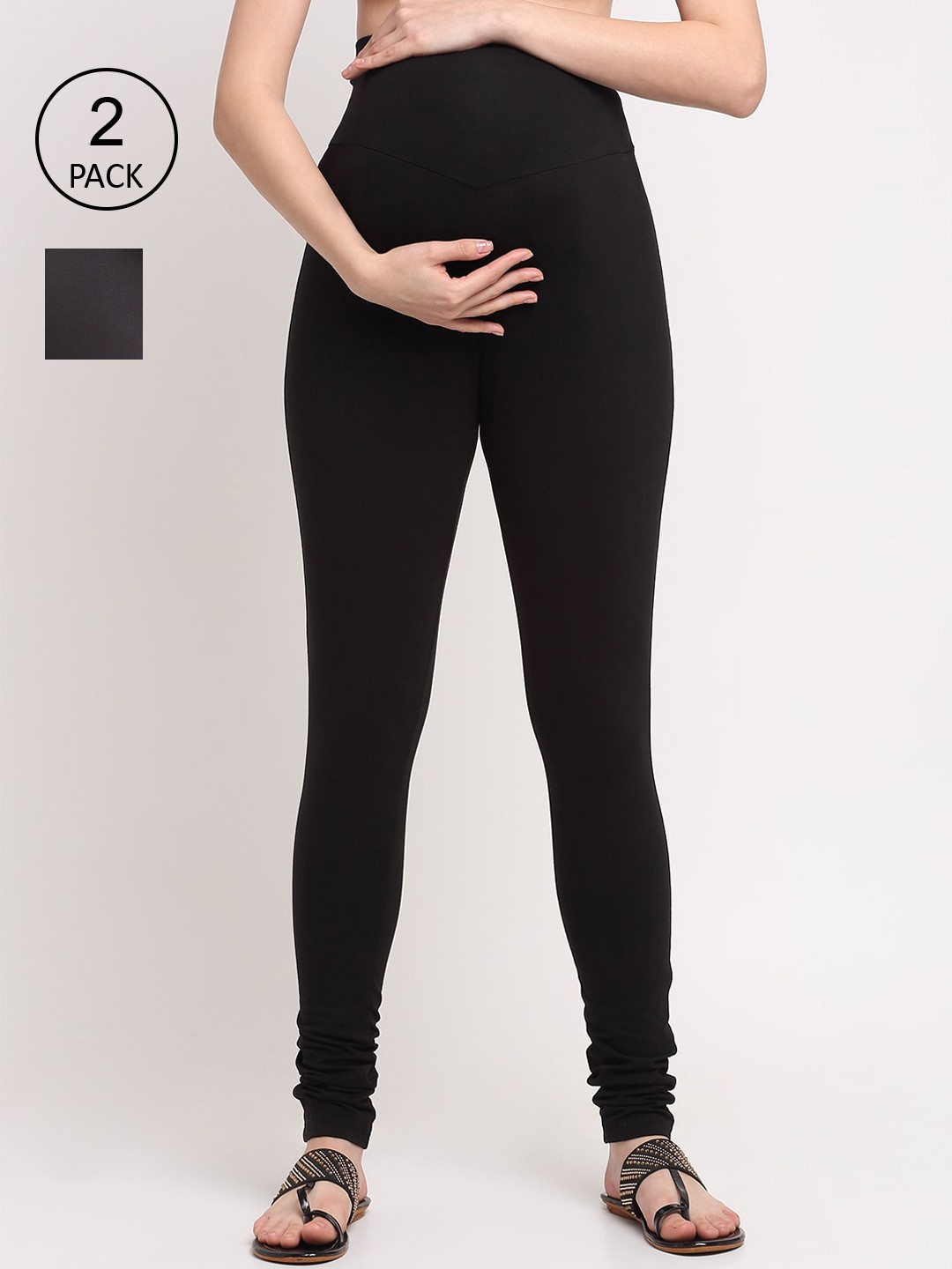

MYLO ESSENTIALS Women Pack Of 2 Solid Churidar-Length Maternity Leggings, Black