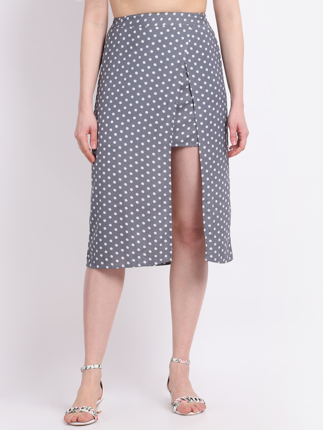 

La Zoire Grey & White Polka Dots Printed Layered A-line Skirt