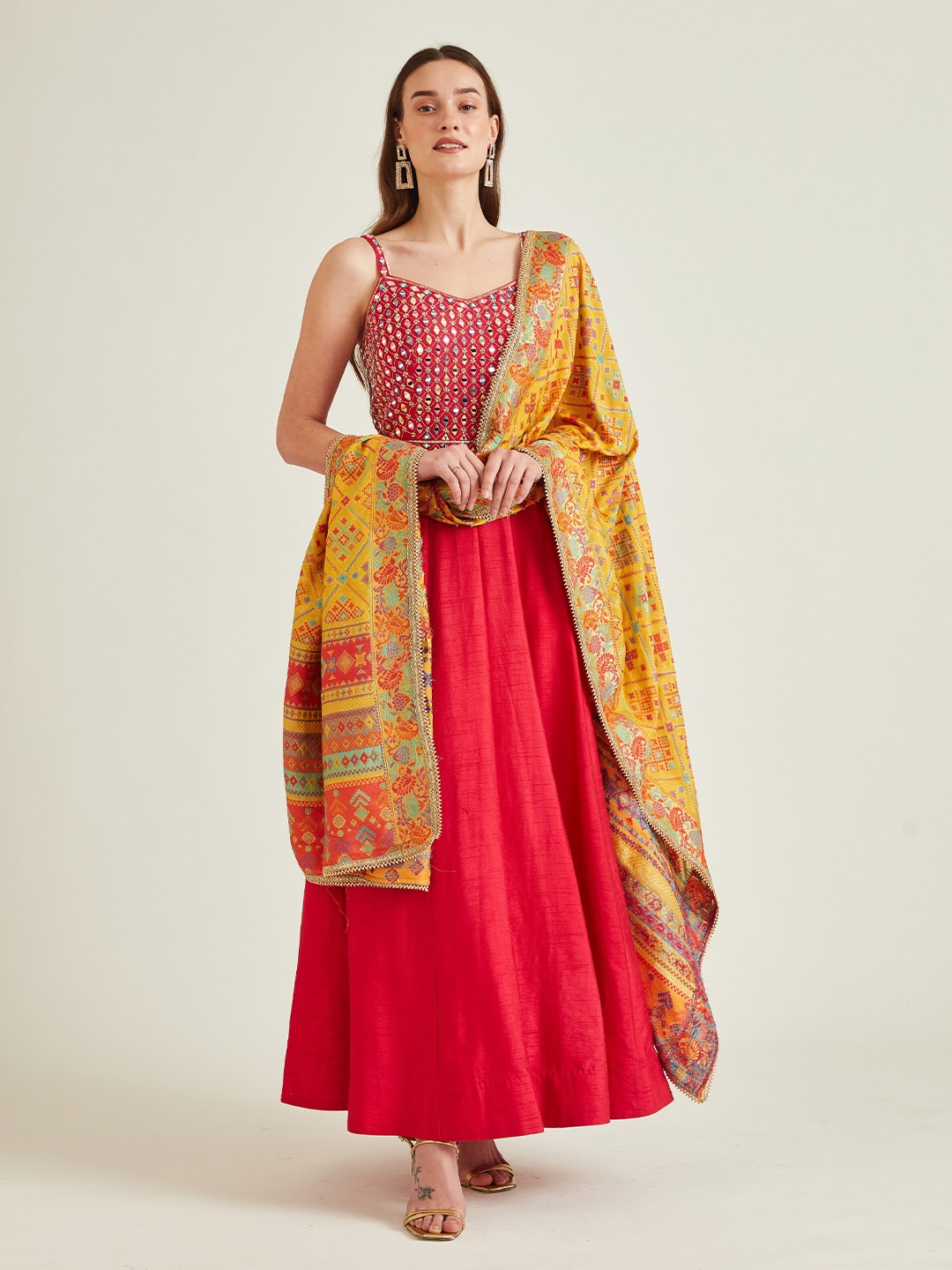 

Neerus Women Fuchsia Embellished Mirror Work Anarkali Kurta With Dupatta