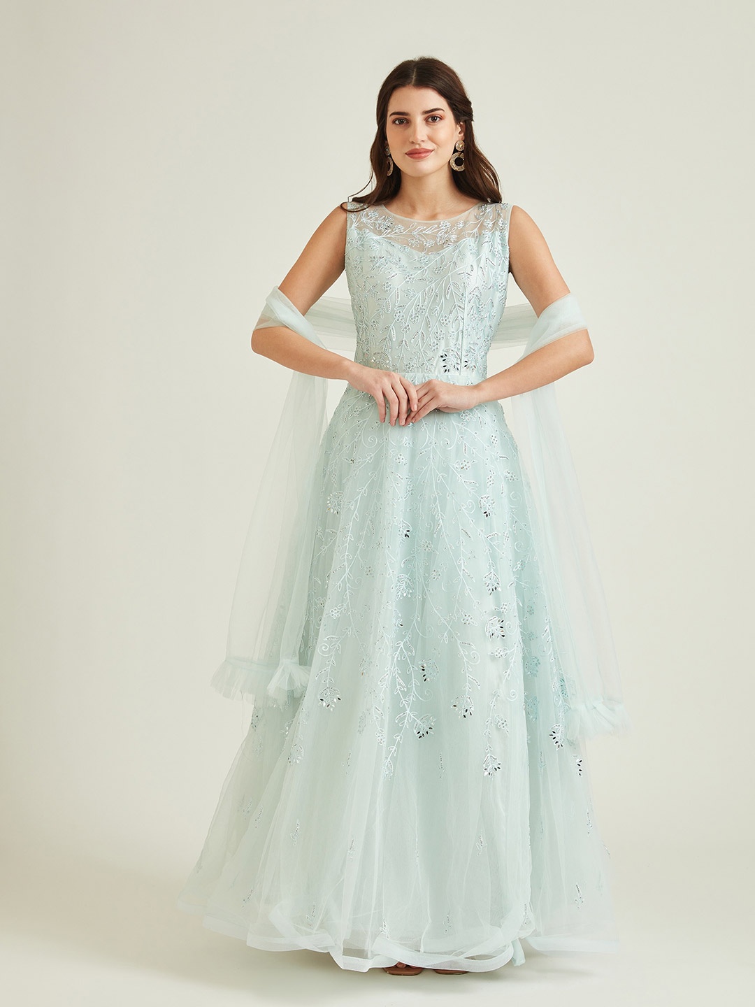 

Neerus Blue Embellished Net Ethnic Maxi Dress
