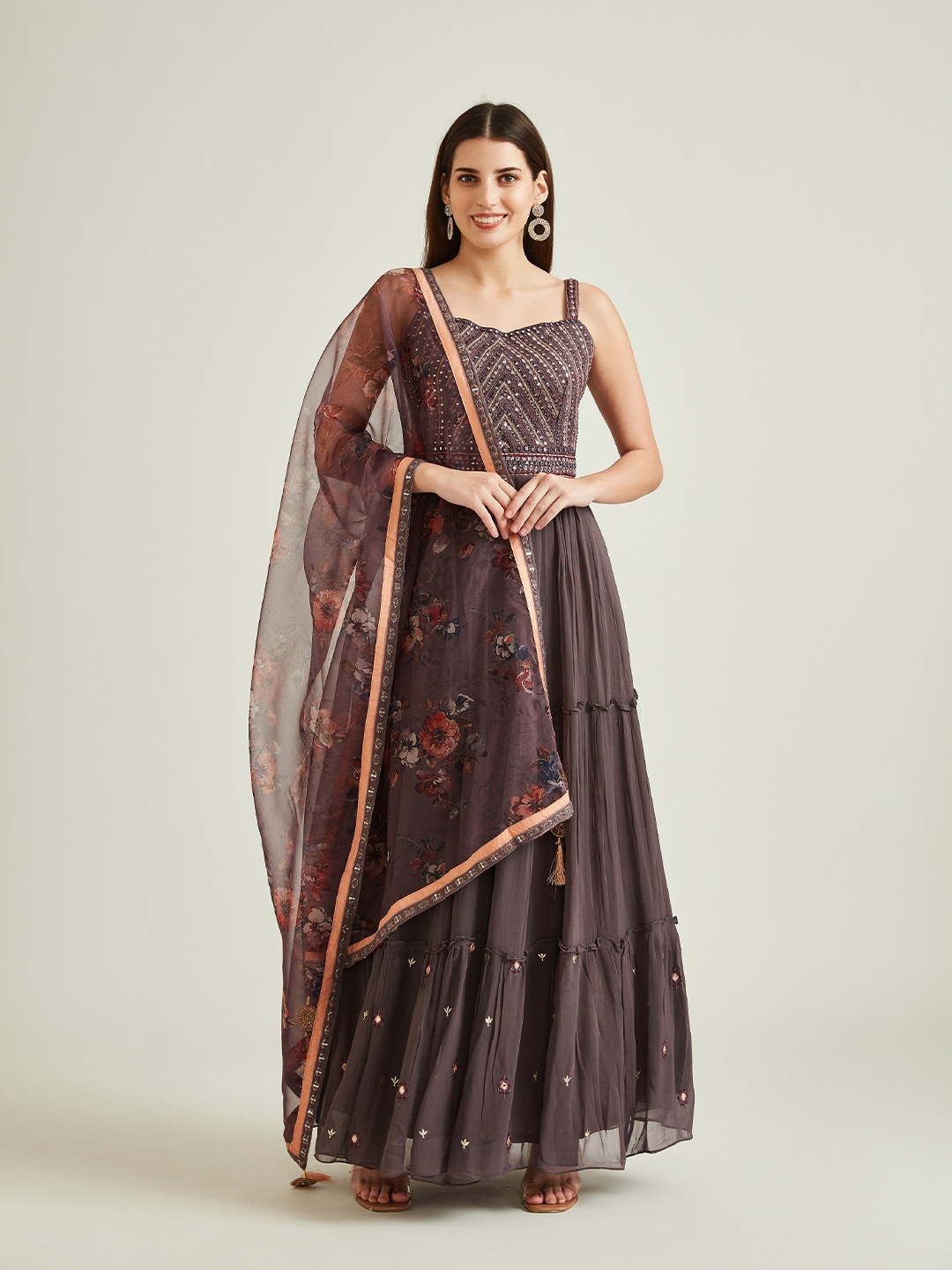 

Neerus Brown Embellished Georgette Ethnic Maxi Dress With Dupatta