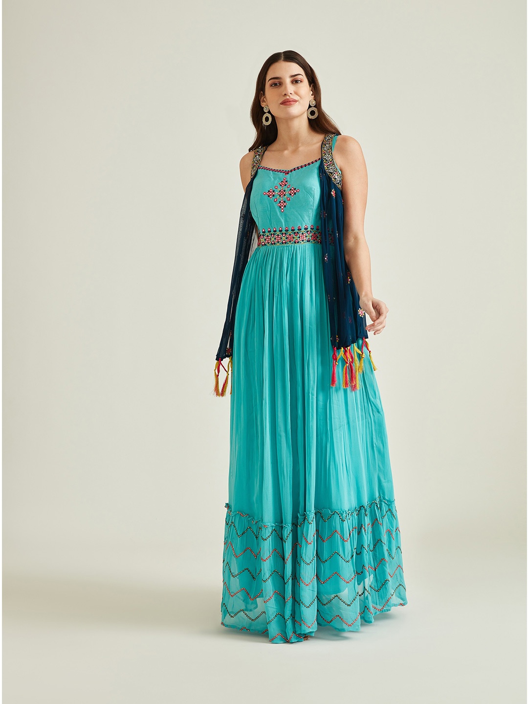 

Neerus Sea Green Geometric Embroidered Georgette Ethnic Maxi Dress