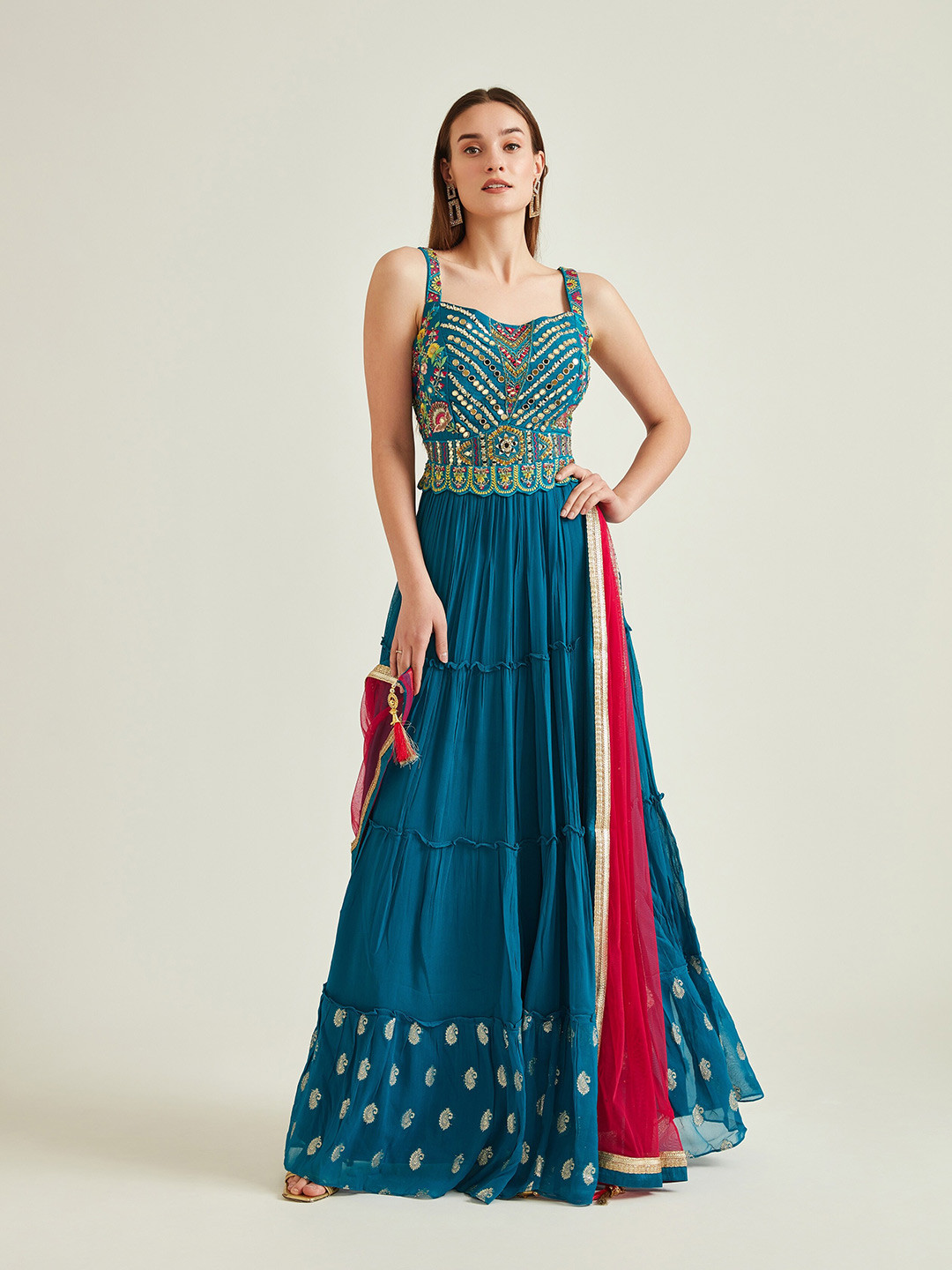 

Neerus Women Teal & Pink Embroidered Mirror Work Georgette Anarkali Kurta With Dupatta