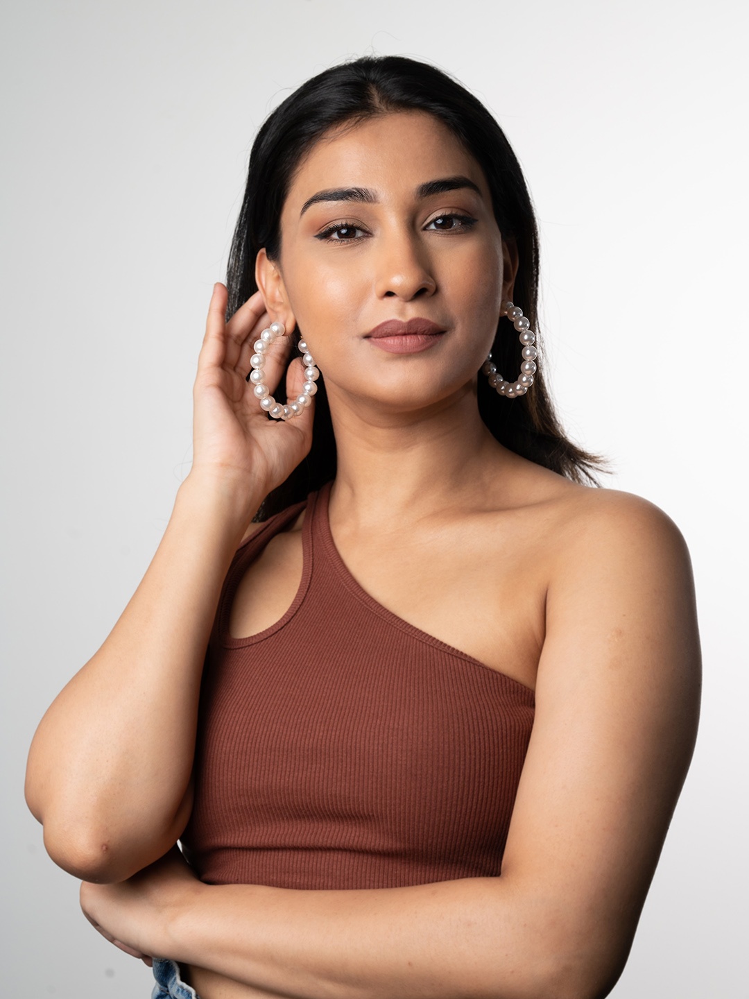 

WHITE LIES White Pearls Beaded Half Hoop Earrings
