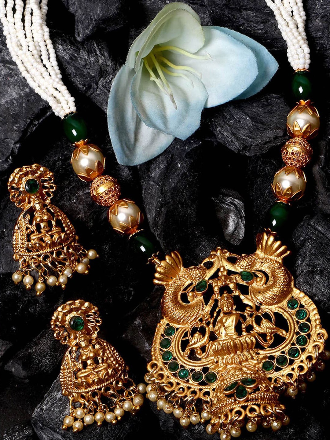 

ANIKAS CREATION Green & Gold-Toned & Plated Stone Studded Maa Laxmi Temple Jewellery Set