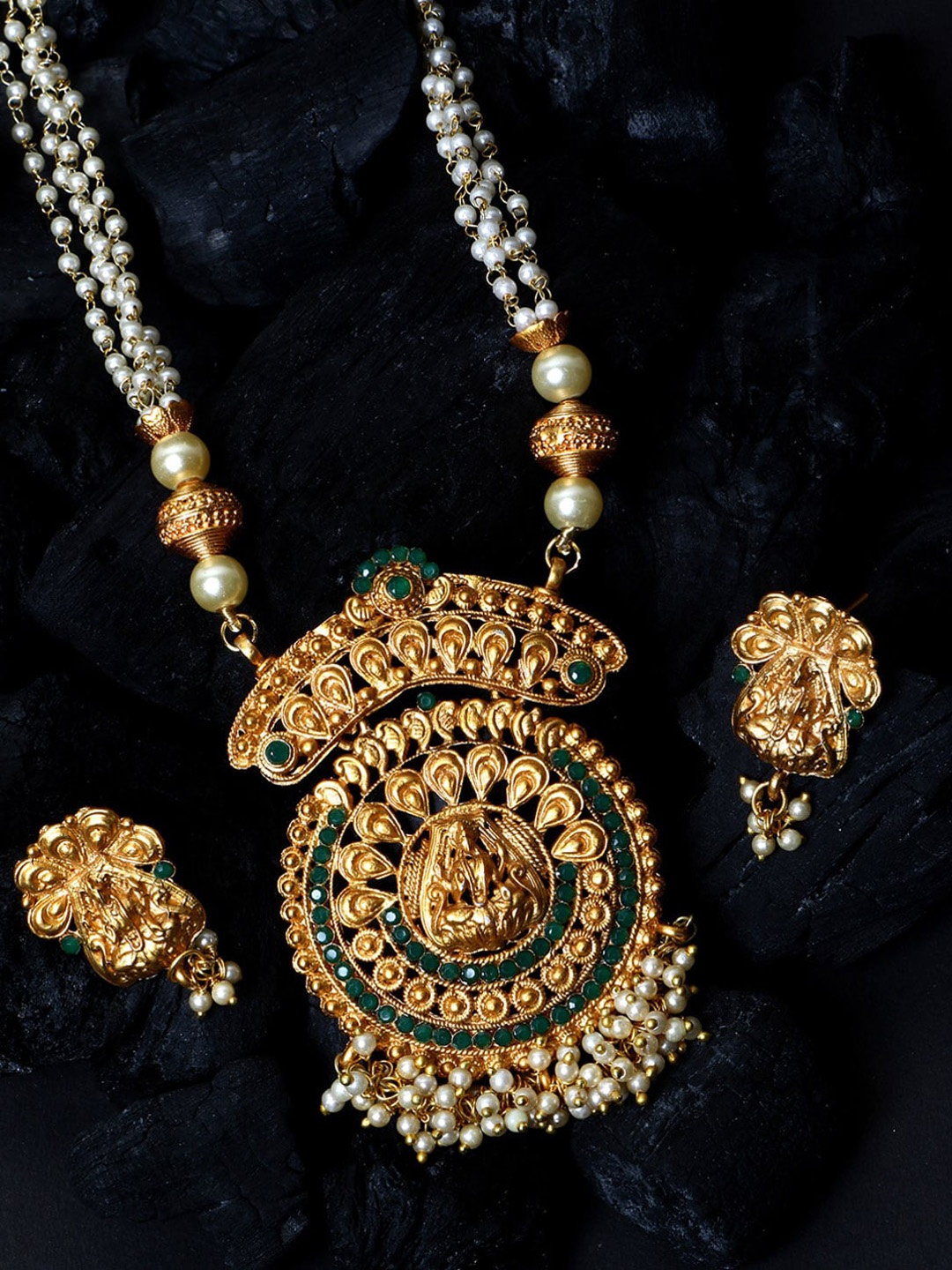 

ANIKAS CREATION Gold-Plated Green & White Stone-Studded & Beaded Lakshmi Jewellery Set