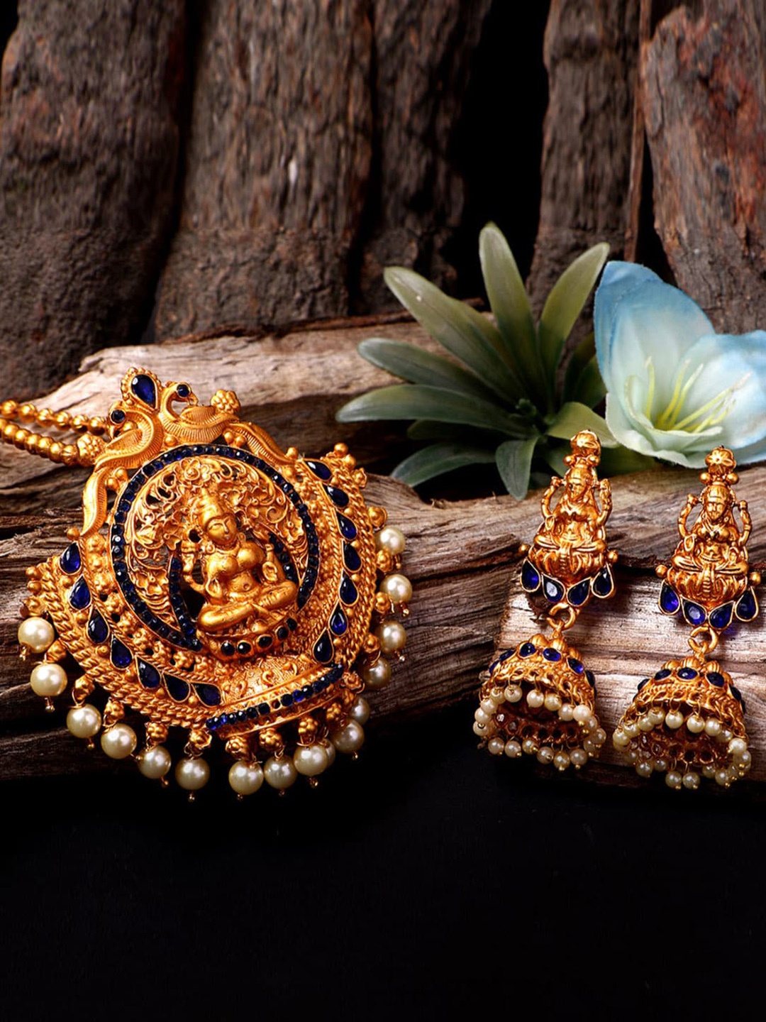 

ANIKAS CREATION Gold-Plated & Blue Stone-Studded & Beaded Jewellery Set