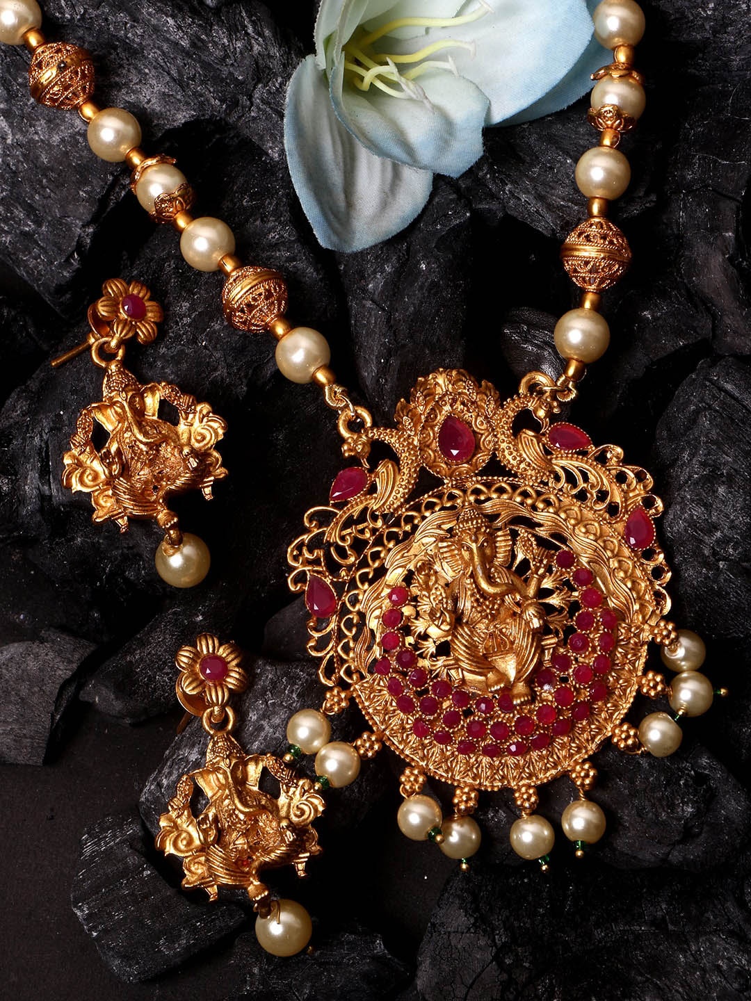 

ANIKAS CREATION Gold-Plated Gold-Toned Red Stone-Studded Antique Matte Goddess Laxmi Temple Jewellery Set