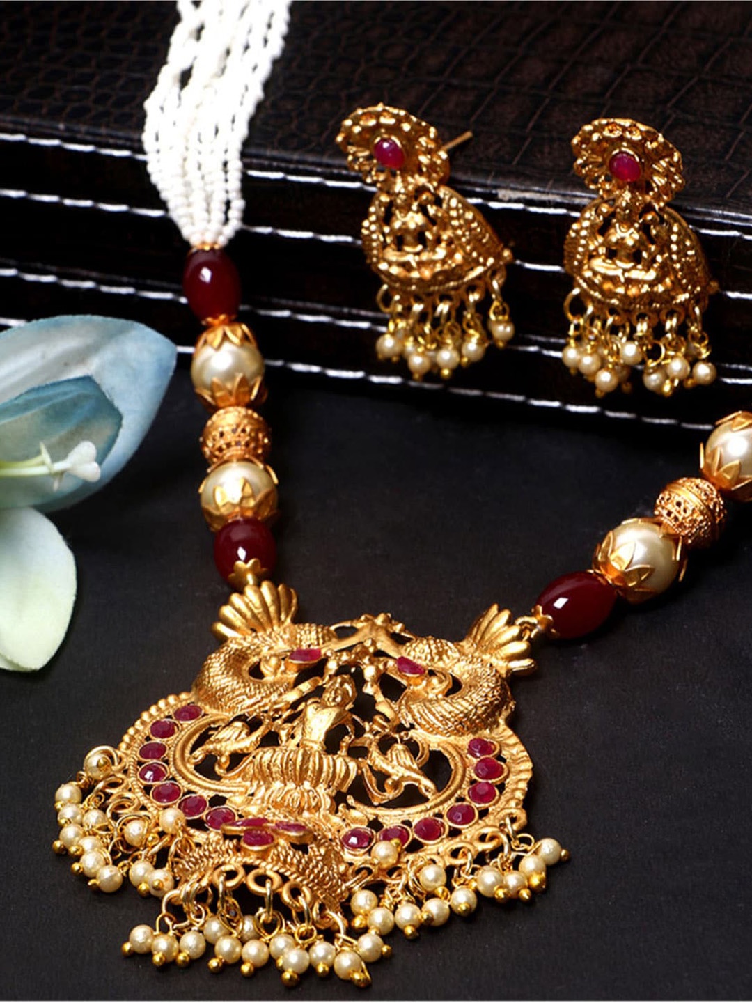 

ANIKAS CREATION Gold-Plated & Red Stone-Studded Maa Laxmi Temple Jewellery Set