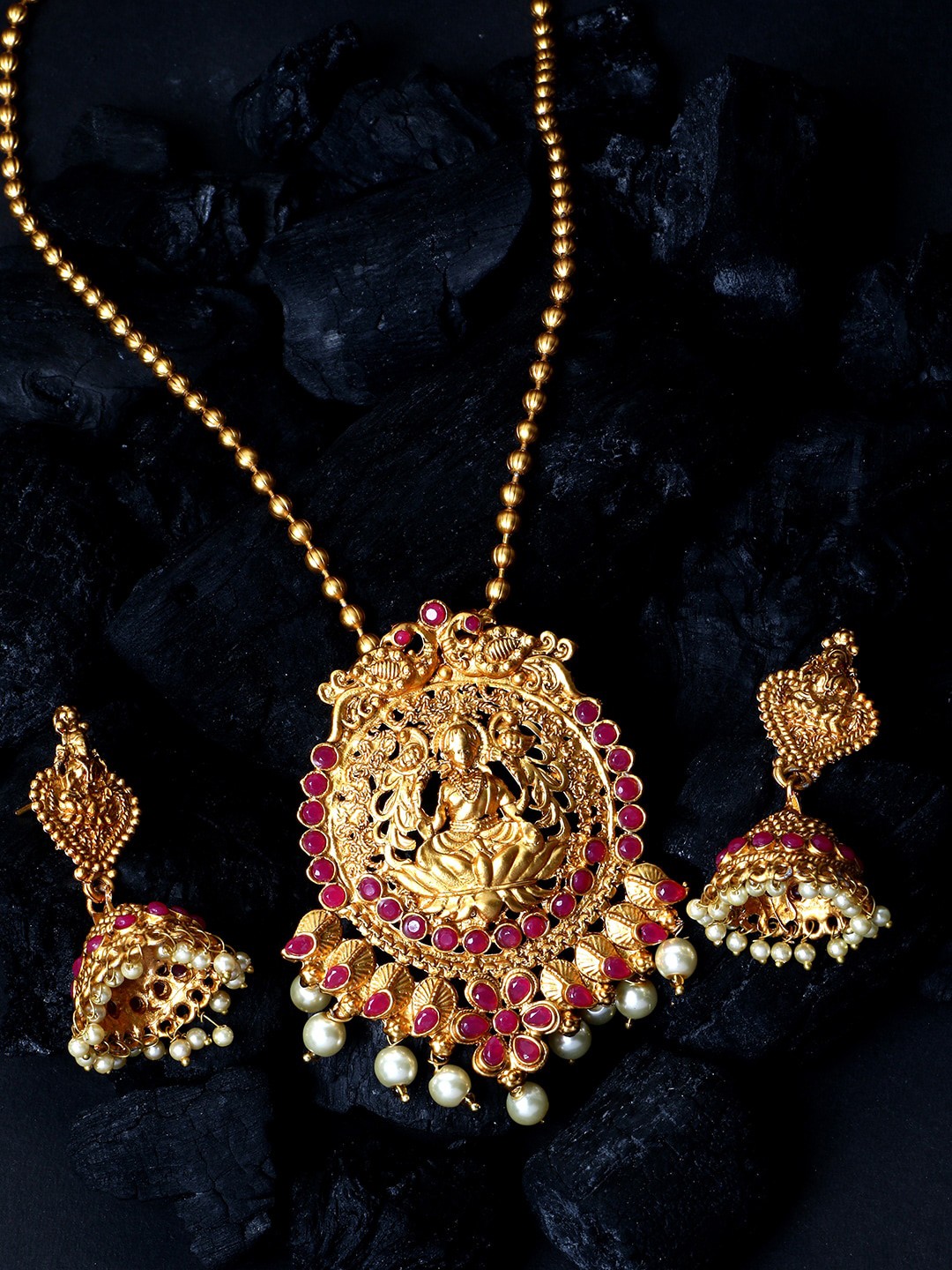 

ANIKAS CREATION Gold-Plated Red Stone-Studded Matte Finish Goddess Laxmi Jewellery Set