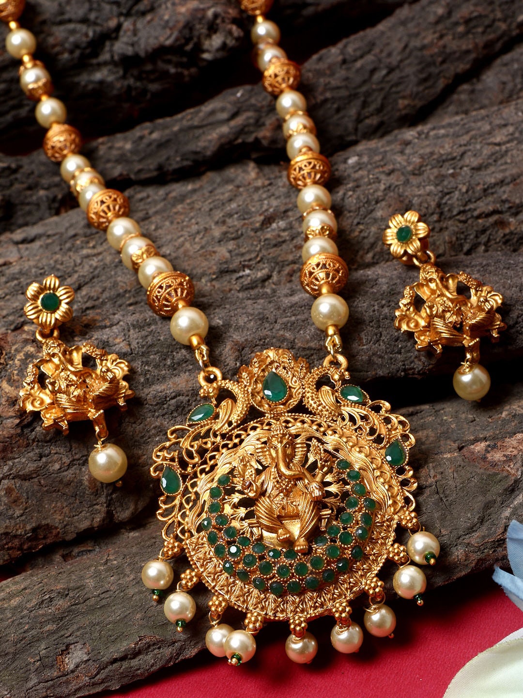 

ANIKAS CREATION Gold-Plated Antique Matte Goddess Laxmi Temple Jewellery Set