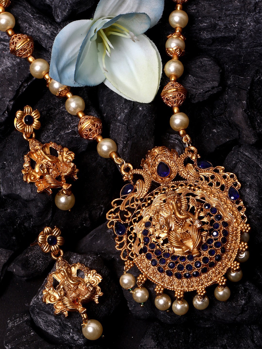 

ANIKAS CREATION Gold-Plated White Beaded Blue CZ Stone Studded Jewellery Set