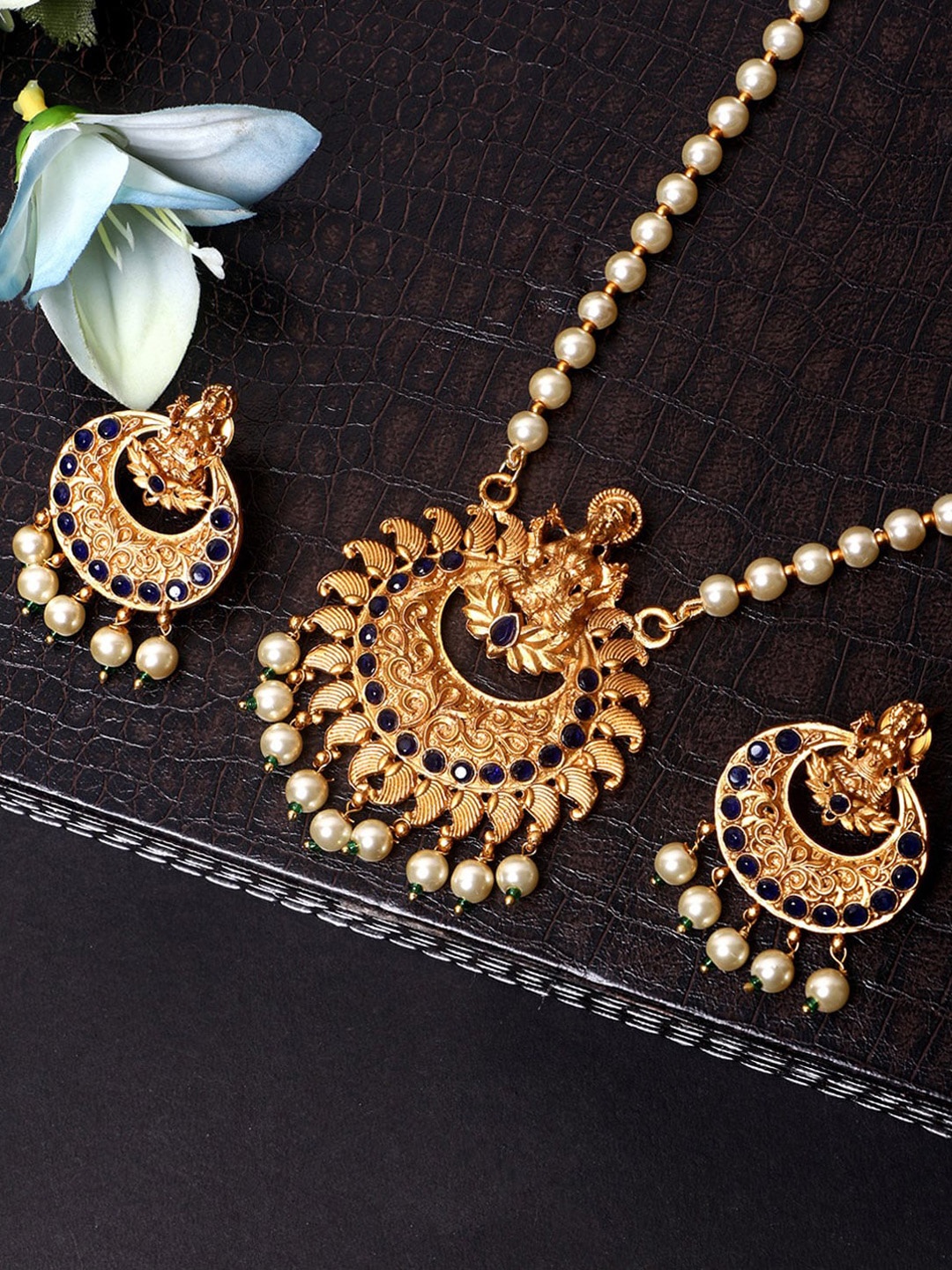 

ANIKAS CREATION Gold-Plated Blue & Off-White Stone-Studded & Beaded Temple Jewellery Set