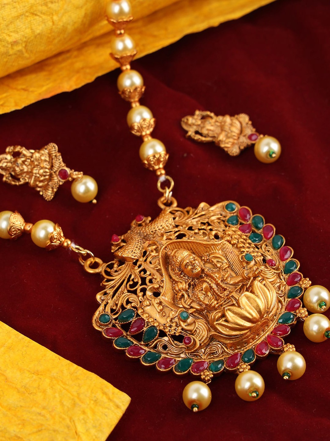 

ANIKAS CREATION Gold-Plated Pink & White Stone-Studded & Beaded Goddess Lakshmi Jewellery Set