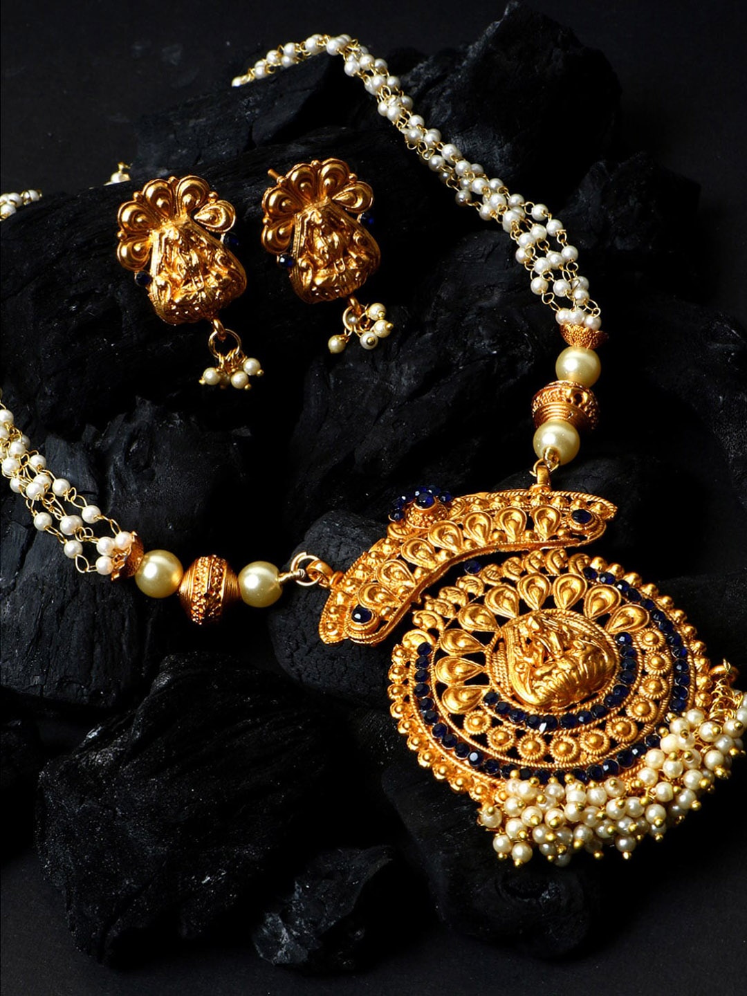 

ANIKAS CREATION Gold-Plated & Blue Stone Studded and Pearl Temple Jewellery Set