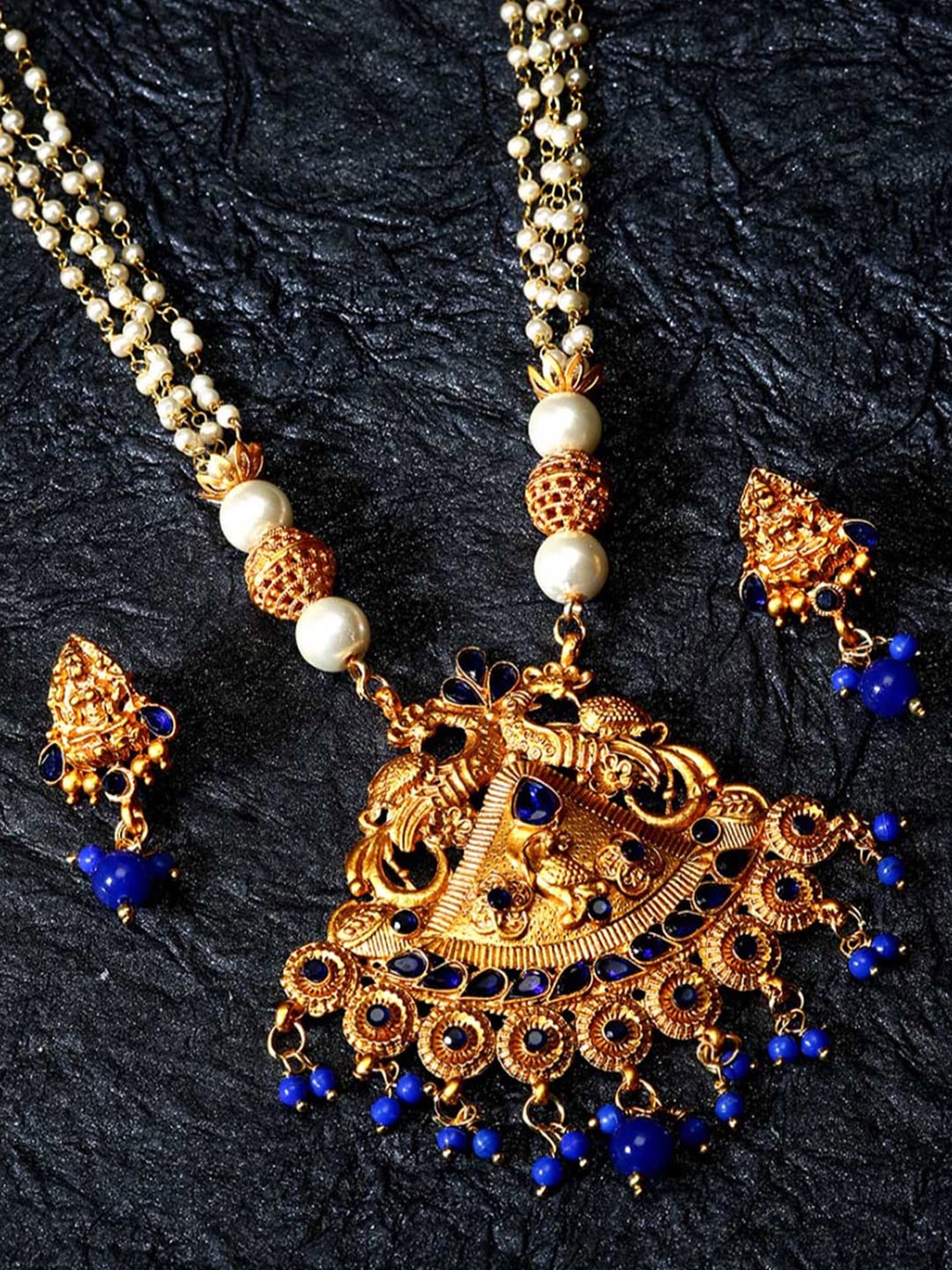 

ANIKAS CREATION Gold-Plated Blue Stone-Studded & Beaded Laxmi Jewellery Set