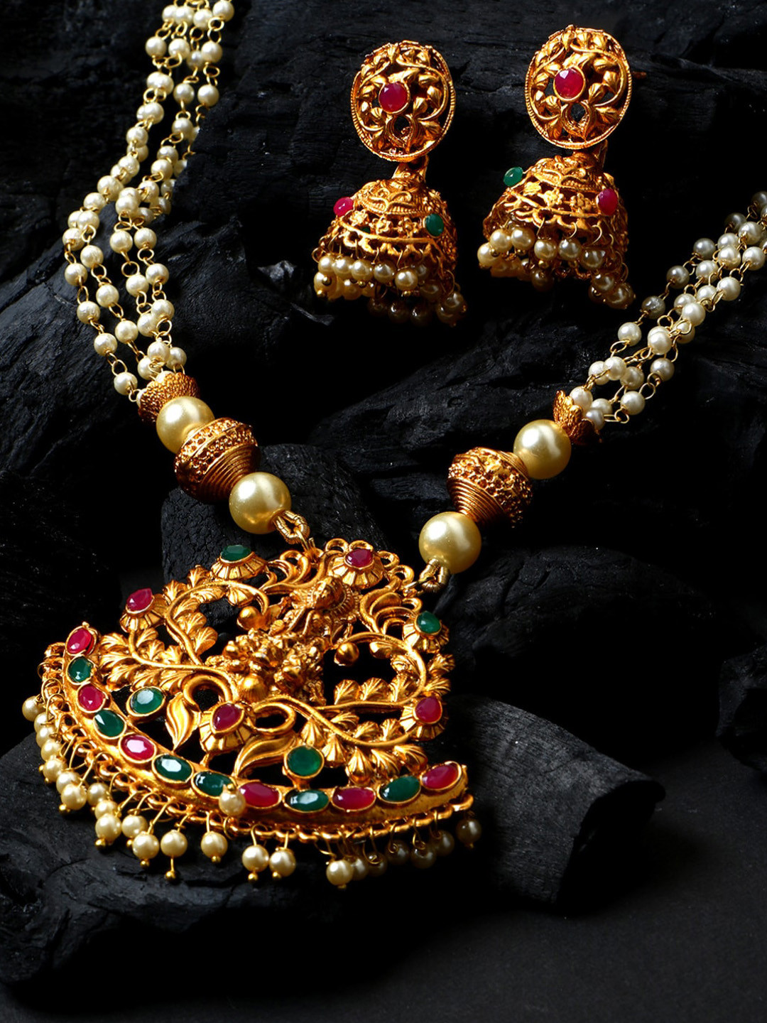 

ANIKAS CREATION Gold-Plated Red & Green Stone-Studded Temple Jewellery Set