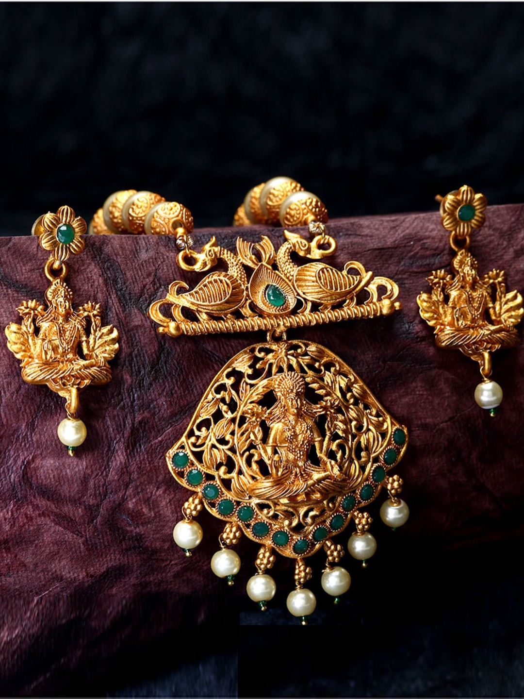

ANIKAS CREATION Gold-Plated Green & White Stone-Studded & Beaded Maa Lakshmi Jewellery Set