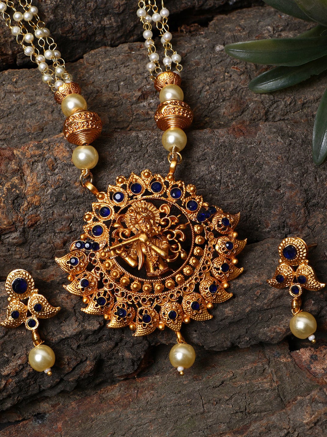 

ANIKAS CREATION Gold-Plated Blue & Off-White Pearl God Krishna Temple Jewellery Set