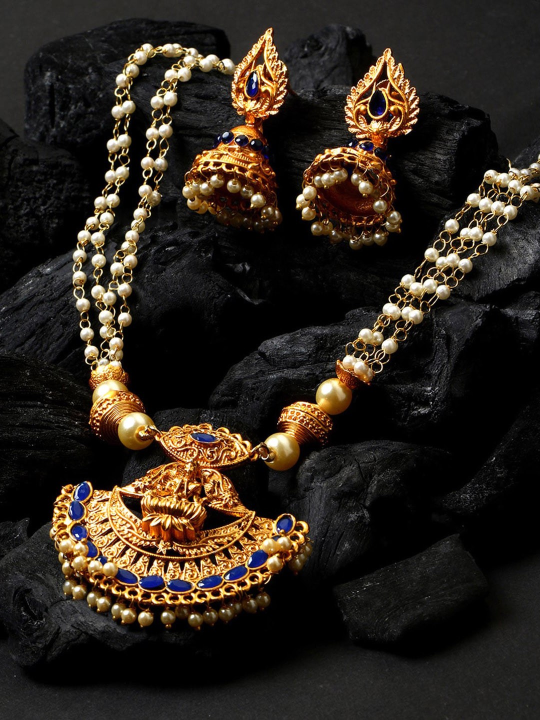 

ANIKAS CREATION Gold-Plated White Beaded Blue CZ Stone Studded Jewellery Set