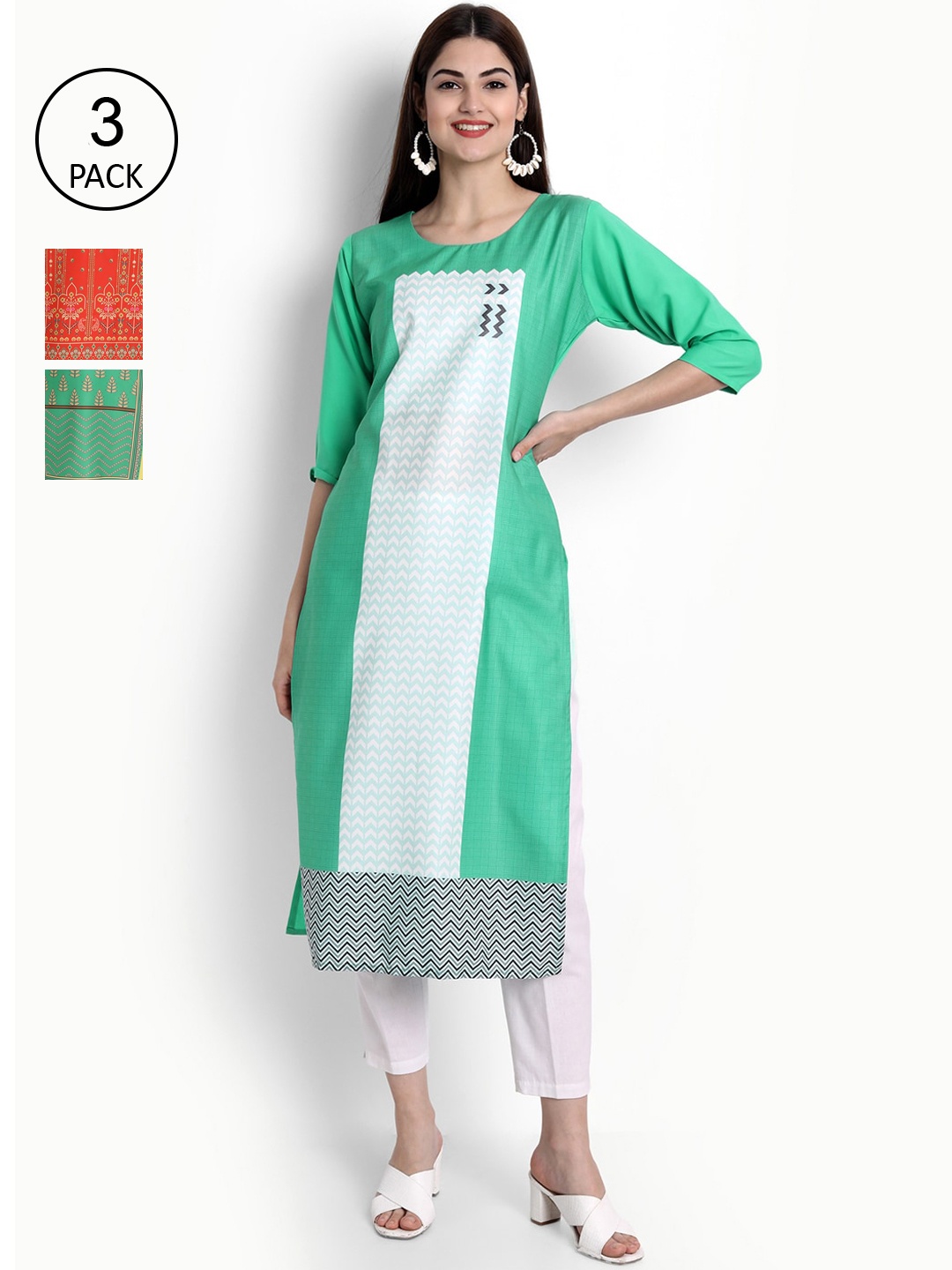 

Ethnic basket Women Set Of 3 Ethnic Motifs Printed Crepe Kurta, Green