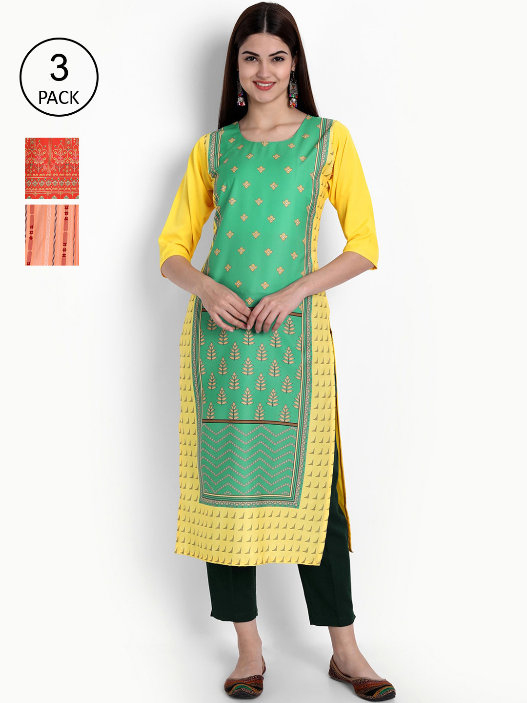 

Ethnic basket Women Pack of 3 Multicoloured Ethnic Motifs Printed Crepe Kurtas, Multi