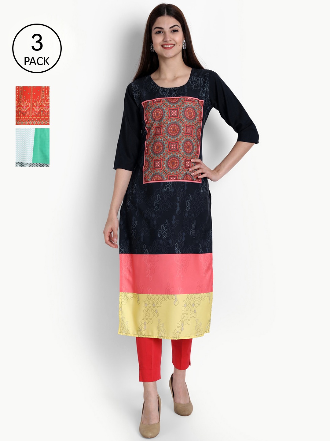 

Ethnic basket Women Pack Of 3 Multicoloured Ethnic Motifs Printed Crepe Kurta, Multi