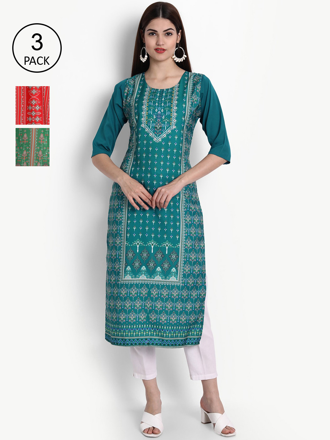 

Ethnic basket Women Set Of 3 Ethnic Motifs Printed Crepe Kurta, Blue