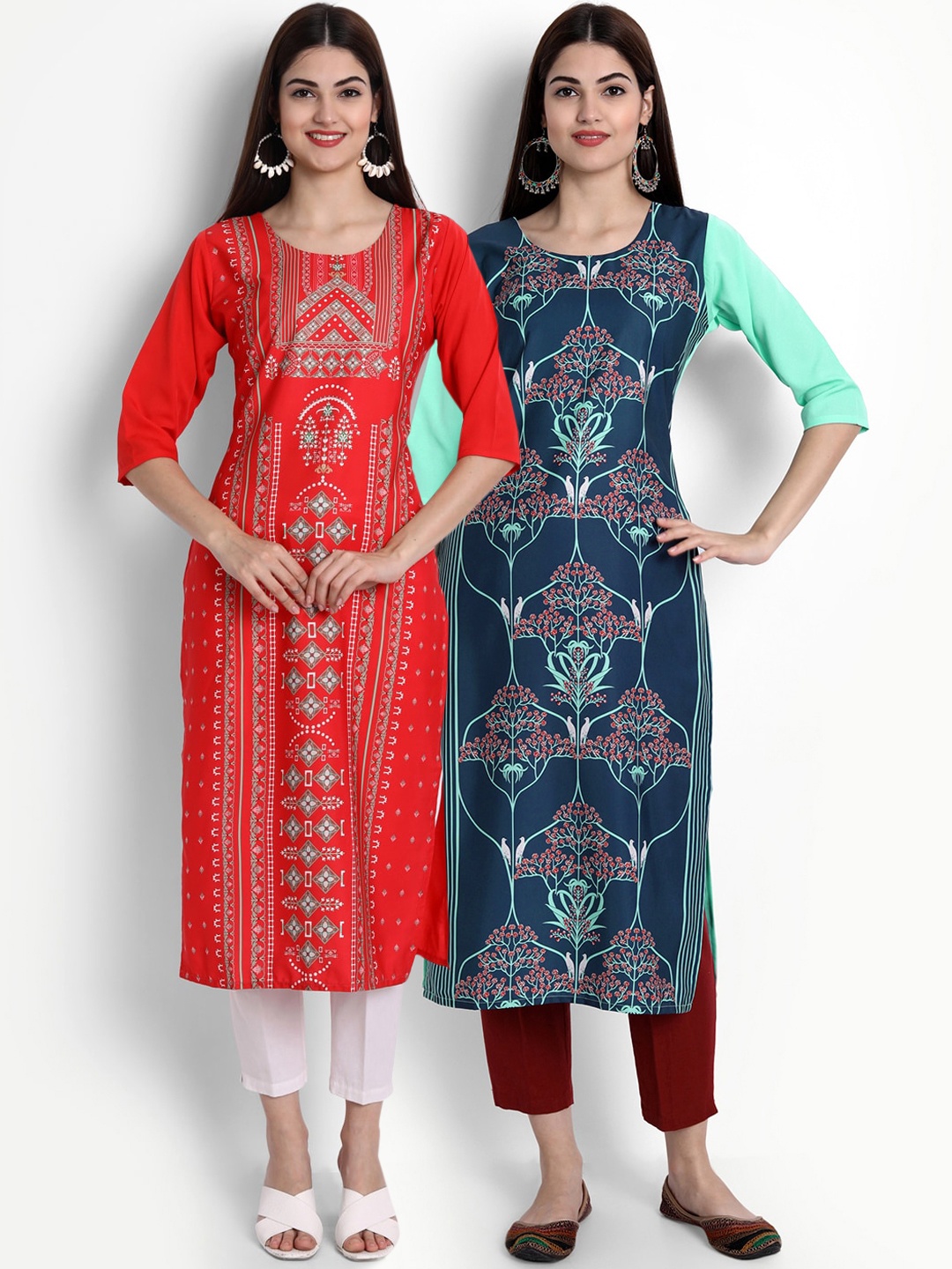 

Ethnic basket Women Orange & Teal Pack of 2 Printed Crepe Kurta