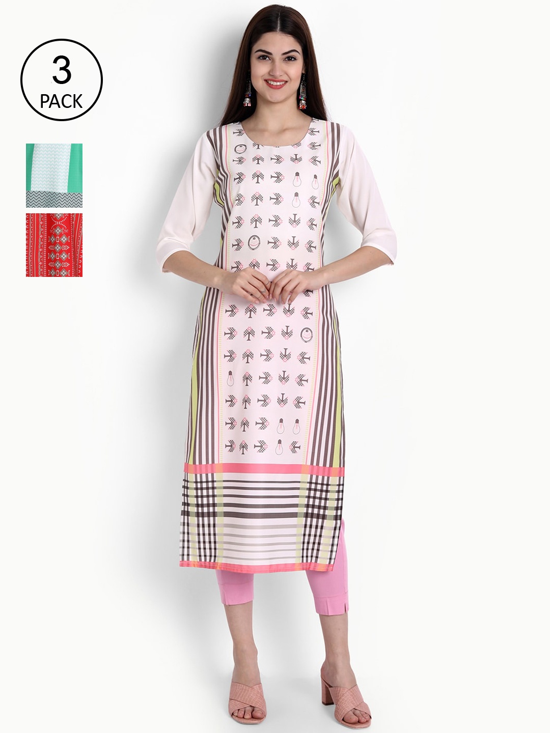 

Ethnic basket Women Set Of 3 Pink & Red Geometric Printed Crepe Kurta