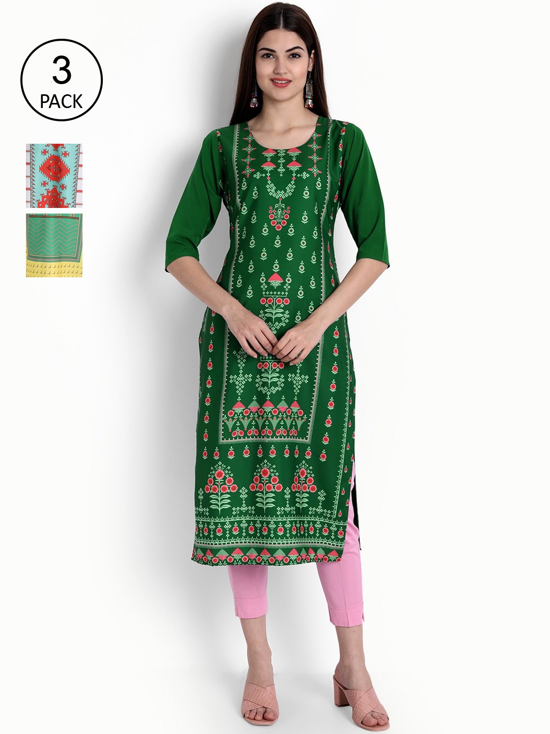 

Ethnic basket Women Pack of 3 Digital Printed Straight Kurtas, Green