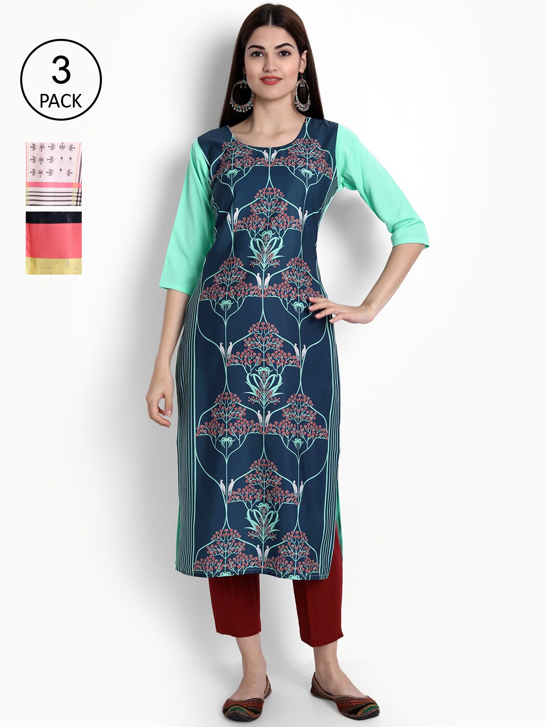 

Ethnic basket Women Pack of 3 Ethnic Motifs Printed Crepe Kurta, Green