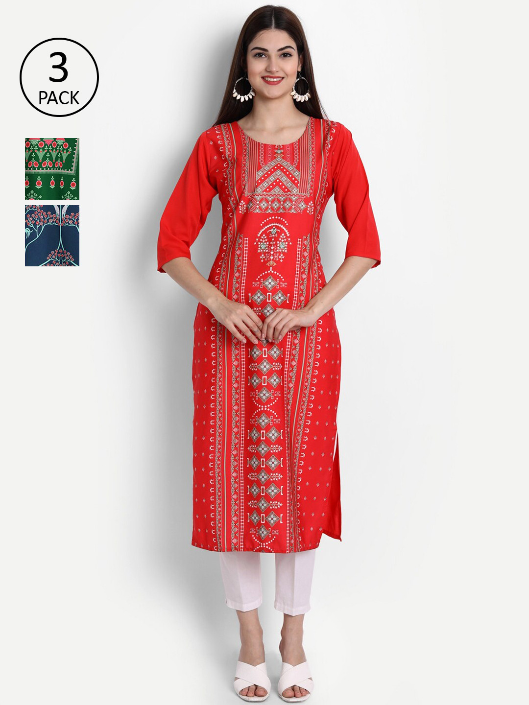 

Ethnic basket Pack Of 3 Blue Ethnic Motifs Printed Crepe Kurta, Red