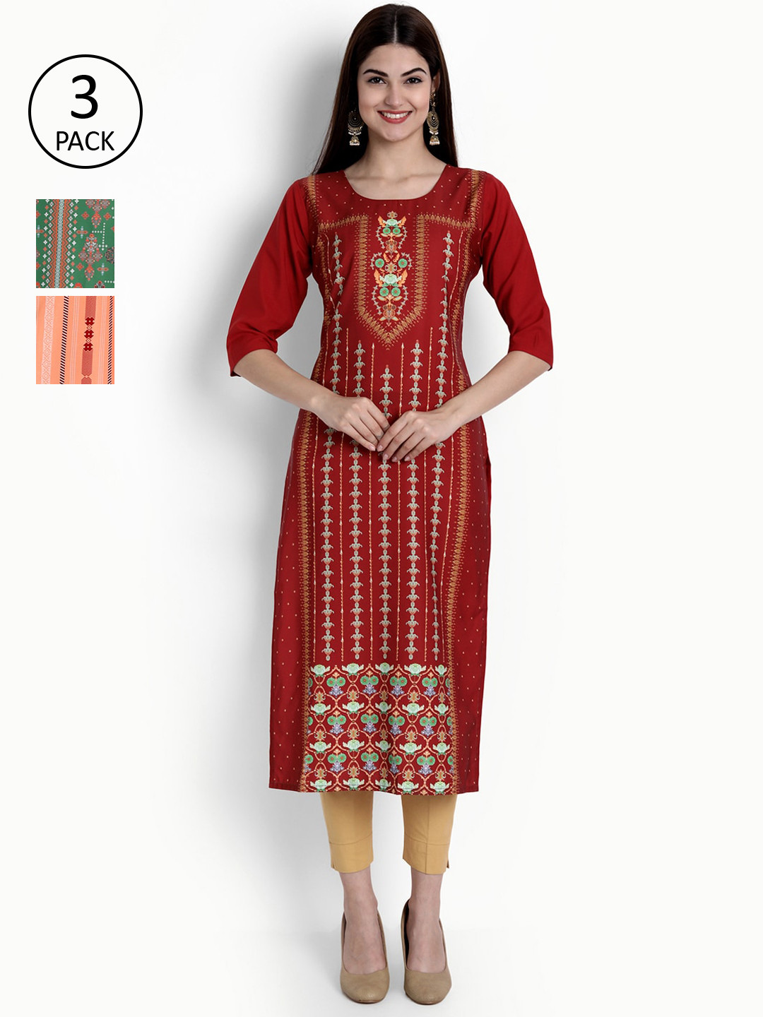 

Ethnic basket Women Pack of 3 Multicoloured Ethnic Motifs Printed Crepe Kurta, Multi