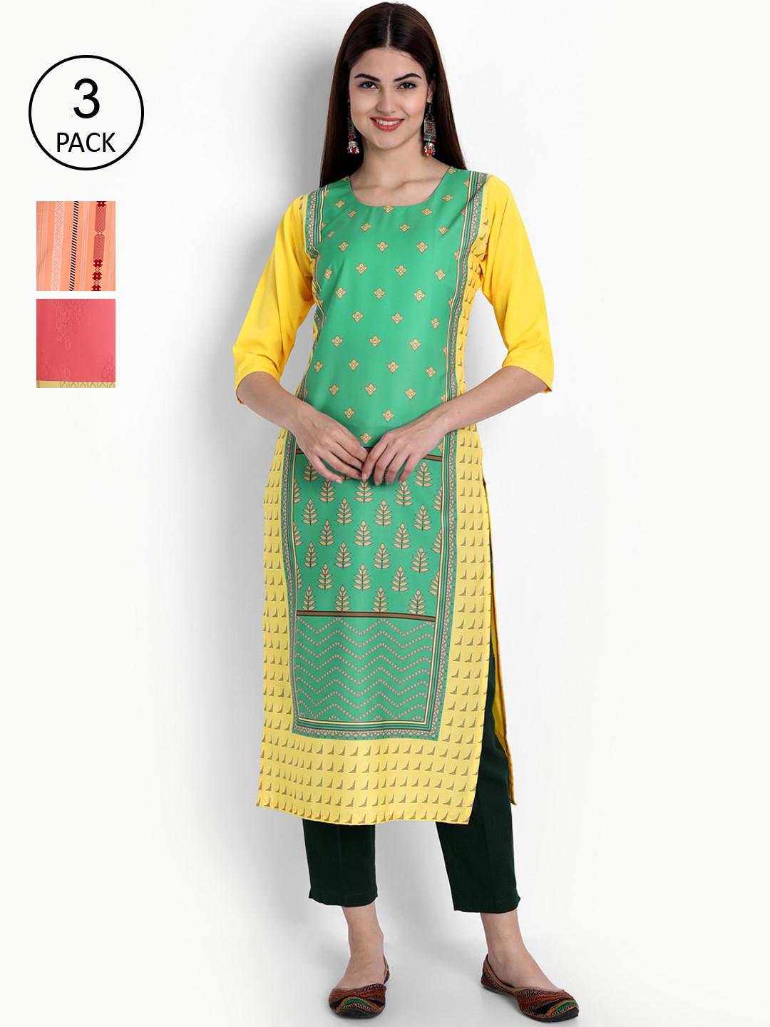 

Ethnic basket Women Pack Of 3 Printed Straight Crepe Kurtas, Multi