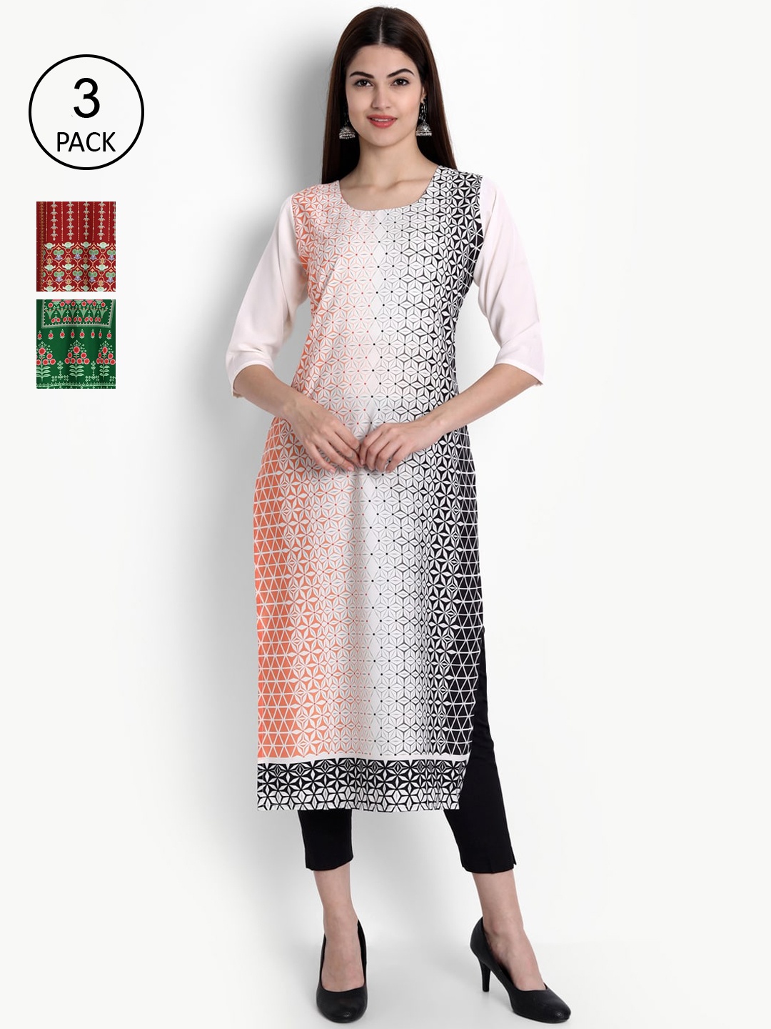 

Ethnic basket Women Pack of 3 Digital Printed Straight Kurtas, Peach