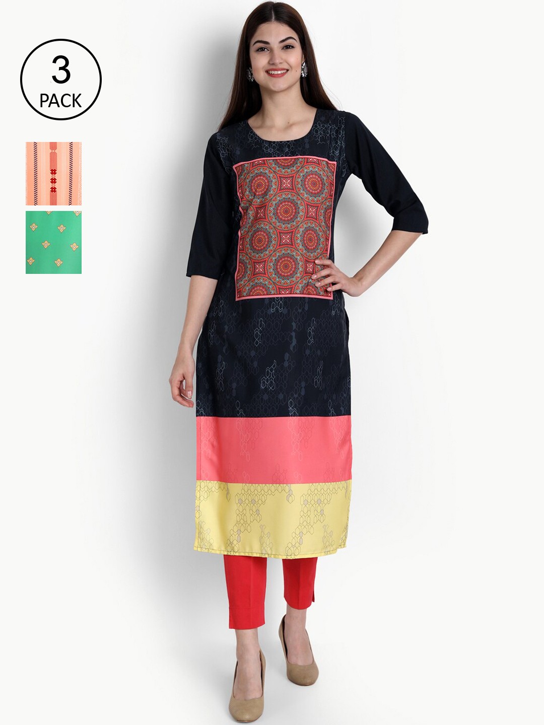 

Ethnic basket Women Pack of 3 Digital Printed Straight Kurtas, Black