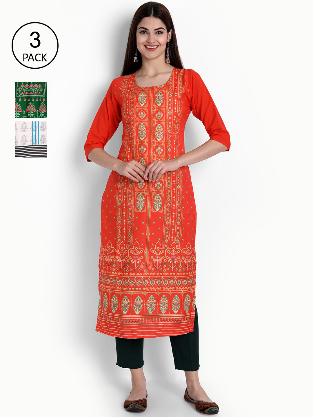 

Ethnic basket Women Pack of 3 Multicoloured Ethnic Motifs Printed Crepe Kurtas, Multi