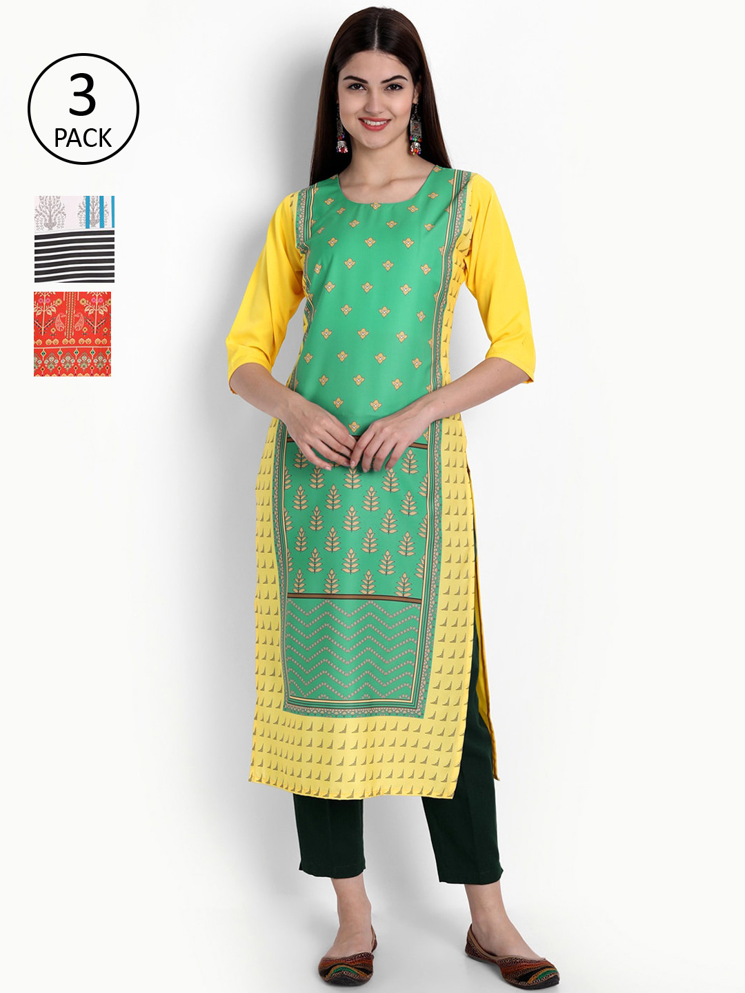 

Ethnic basket Women Green & Orange Pack Of 3 Ethnic Motifs Printed Crepe Kurta