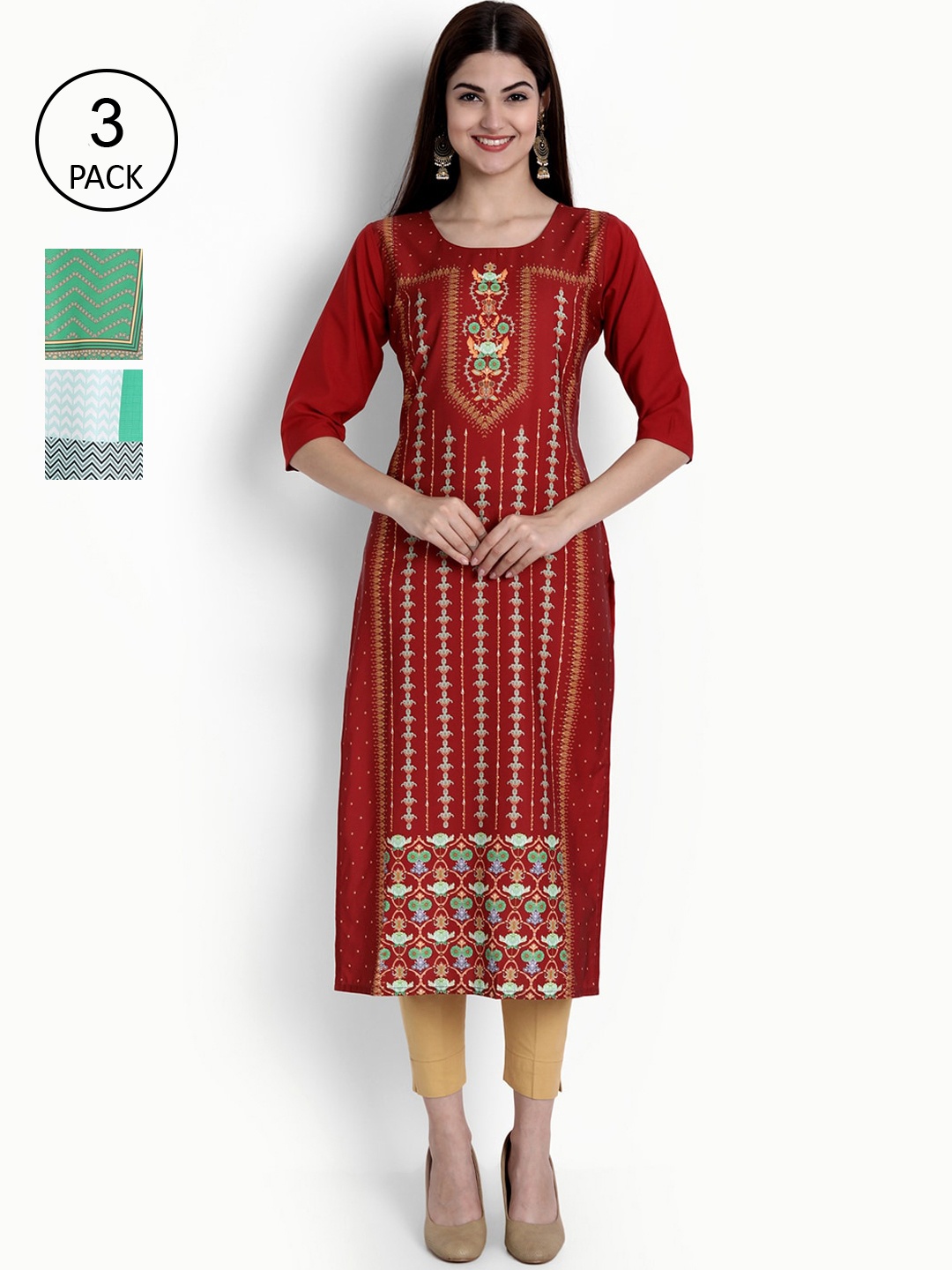

Ethnic basket Women Multicoloured Set of 3 Geometric Printed Crepe Kurta, Multi