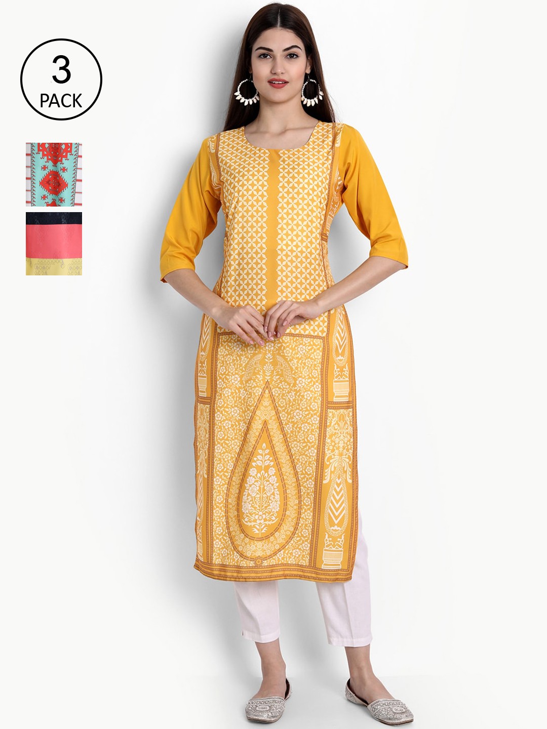 

Ethnic basket Women Pack of 3 Ethnic Motifs Printed Crepe Kurta, Yellow
